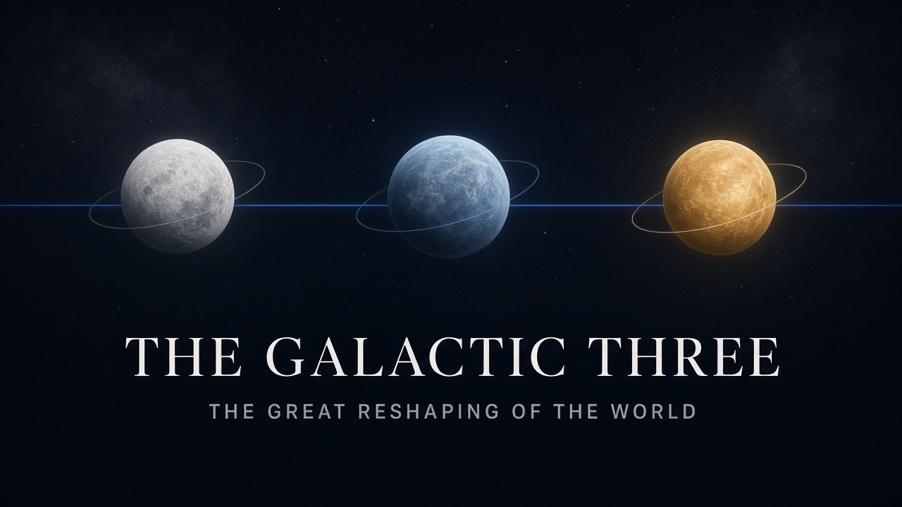 Three planets — silver, blue, and gold — above the title The Galactic Three and the line The Great Reshaping of the World.